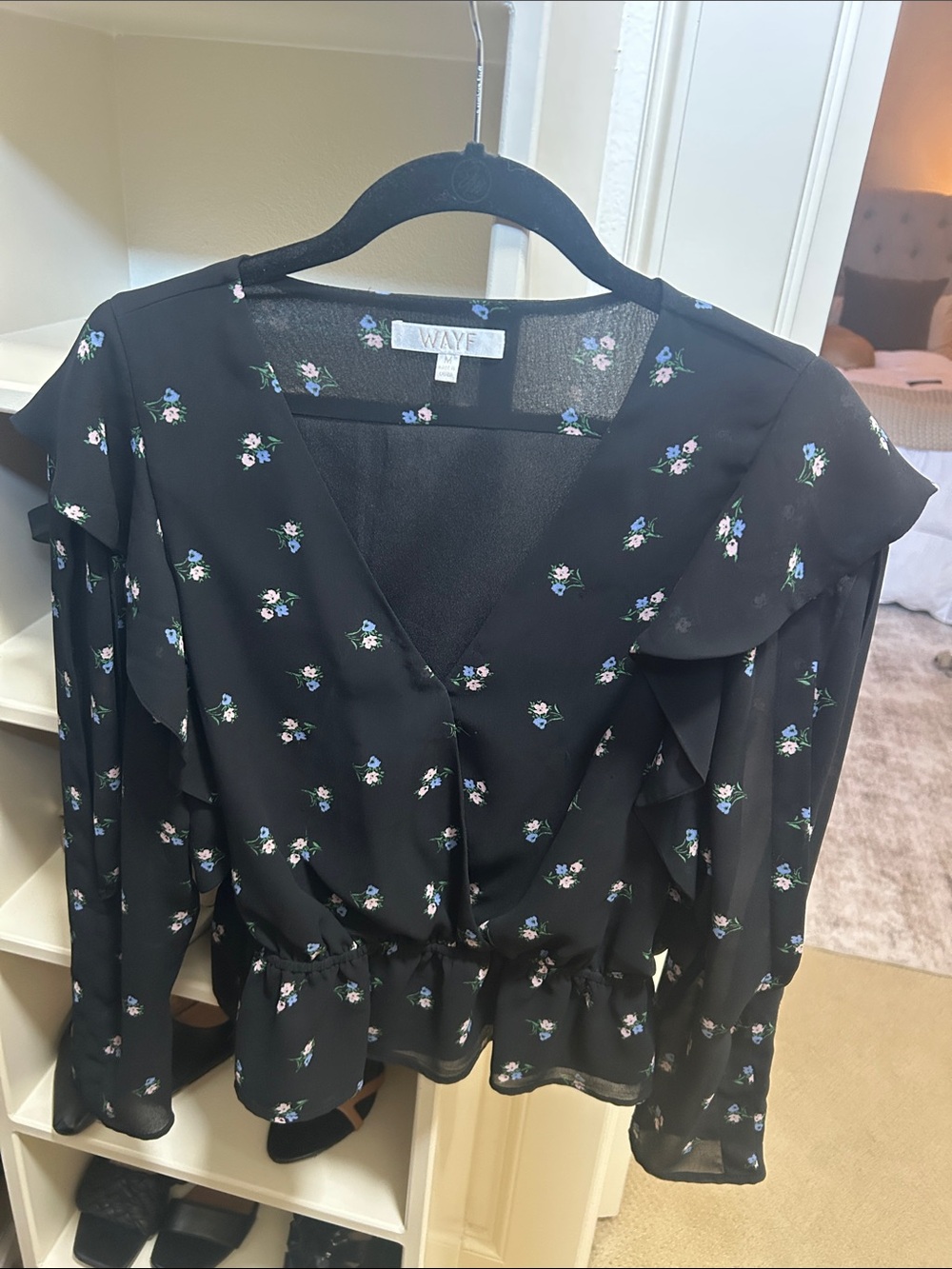 Wayf Black Floral Ruffle Peplum Blouse